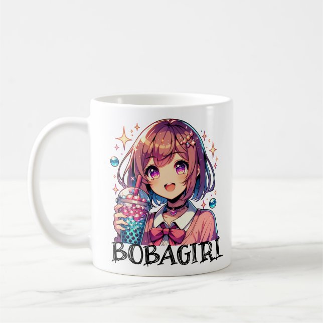 Cute Anime Girl Holding Bubble Tea Coffee Mug (Left)