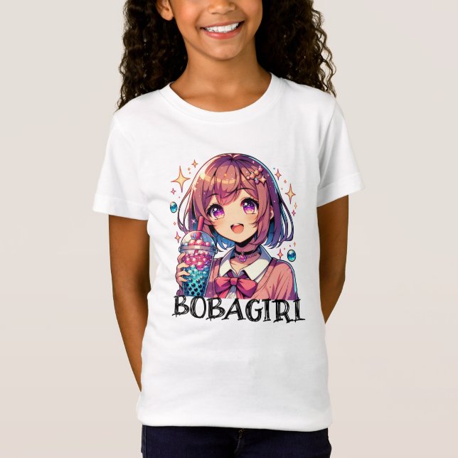 Cute Anime Girl Holding Bubble Tea T-Shirt (Front)