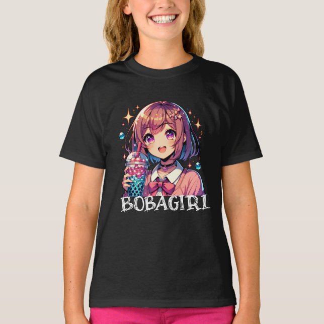 Cute Anime Girl Holding Bubble Tea T-Shirt (Front)