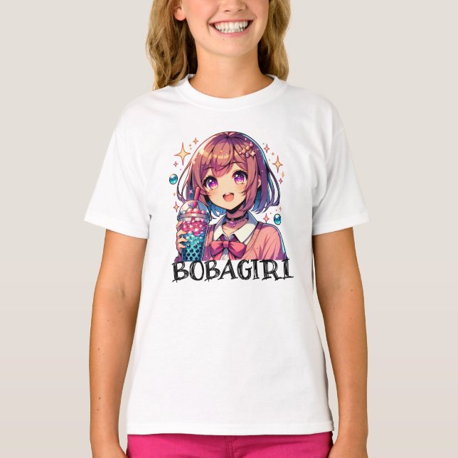 Cute Anime Girl Holding Bubble Tea T-Shirt (Front)