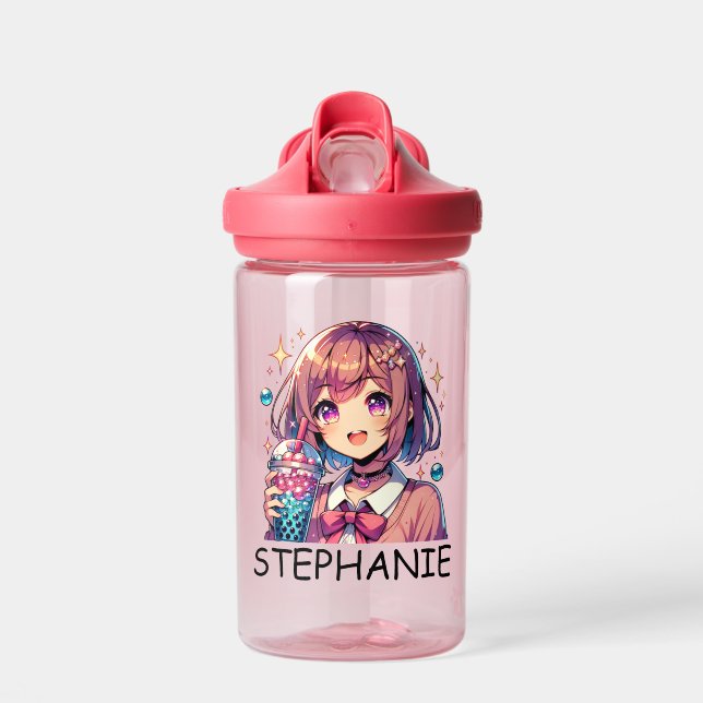 Cute Anime Girl Holding Bubble Tea Water Bottle (Front)
