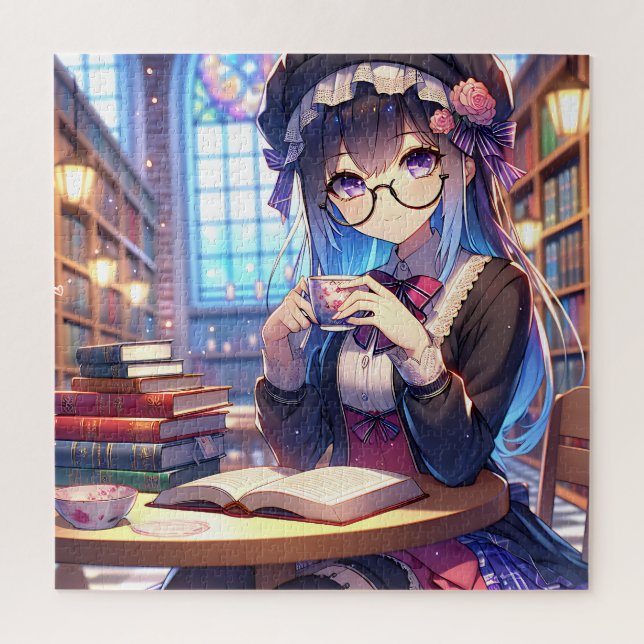 Cute Anime Girl in Glasses Reading Jigsaw Puzzle (Vertical)