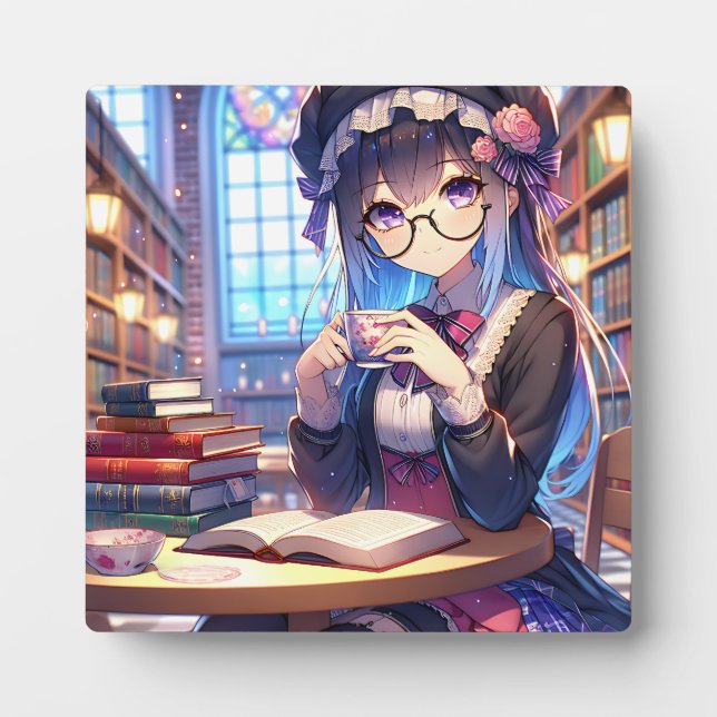 Cute Anime Girl in Glasses Reading Plaque (Front)