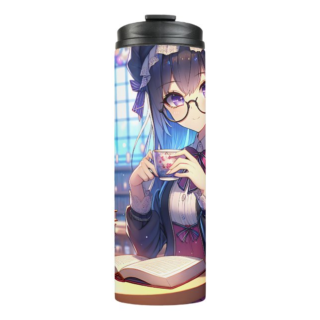 Cute Anime Girl in Glasses Reading Thermal Tumbler (Front)