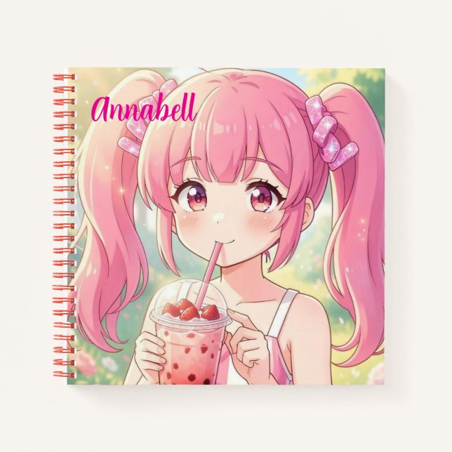 Cute Anime Girl in Pink Drinking Bubble Tea Notebook (Front)