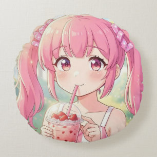 Cute Anime Girl in Pink Drinking Bubble Tea Round Cushion