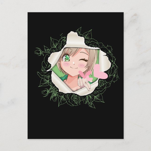 Cute Anime Girl Kawaii Hearts Love Otaku Postcard (Front)