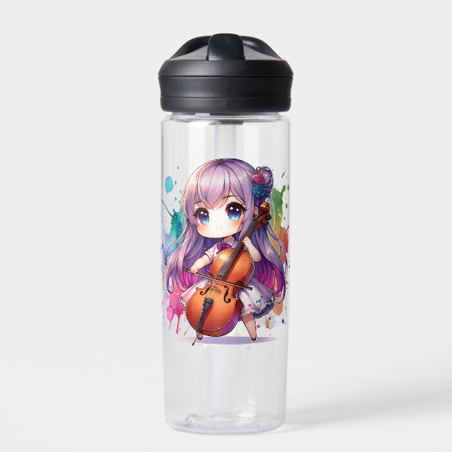Cute Anime Girl Playing Cello Personalised Water Bottle (Front)