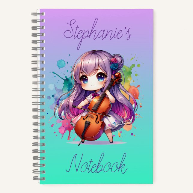 Cute Anime Girl Playing Cello Player Personalised Notebook (Front)