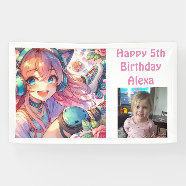 Cute Anime Girl Roller Skating Birthday Party Banner (Horizontal)
