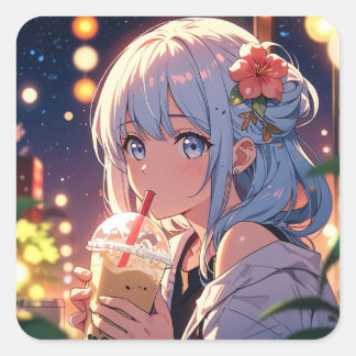 Cute Anime Girl Sticker – Boba Tea Lover 
