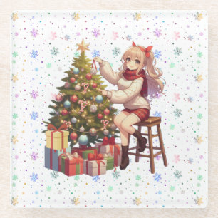Cute Anime girl trimming the tree Glass Coaster