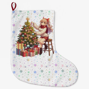 Cute Anime girl trimming the tree Large Christmas Stocking