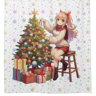 Cute Anime girl trimming the tree Shower Curtain