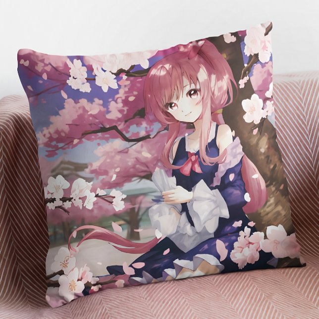 Cute Anime Girl Under A Cherry Blossom Tree Cushion (Creator Uploaded)