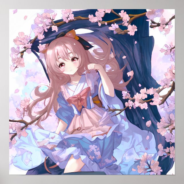 Cute Anime Girl Under A Cherry Blossom Tree Poster (Front)