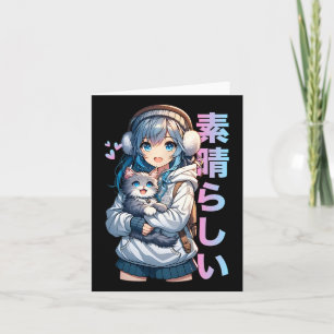 Cute Anime Girl With A Cat For Cat Lover Kawaii Ot Card