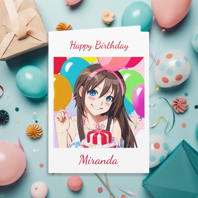 Cute Anime Girl with Balloon Birthday Card (Creator Uploaded)