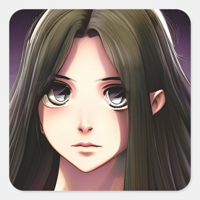 Cute Anime Girl with Brown Hair and Blue Eyes Square Sticker (Front)