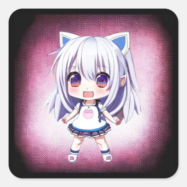 Cute Anime Girl with Cat Ears Headband Square Sticker (Front)