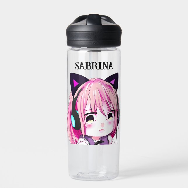 Cute Anime Girl with Cat Ears Water Bottle (Front)