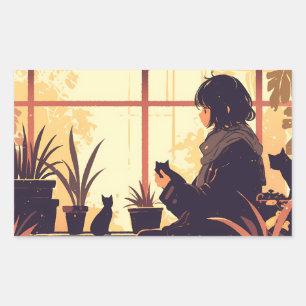 Cute Anime Girl with Cats Near Window Rectangular Sticker