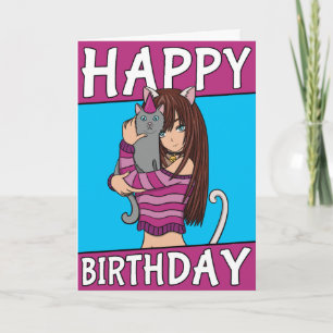 Cute Anime Girl With Cute Pet Card Birthday Card