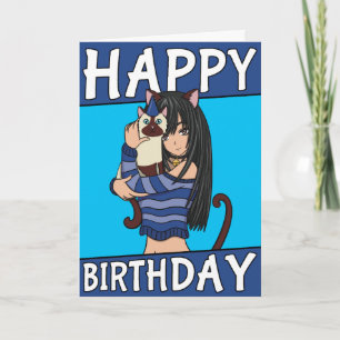 Cute Anime Girl With Cute Pet Card Birthday Card
