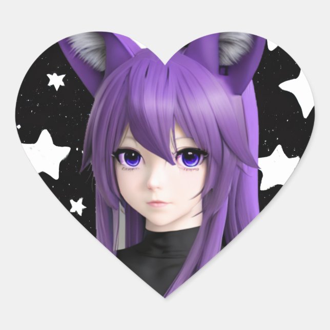 Cute Anime Girl with Fox Ears Heart Sticker (Front)