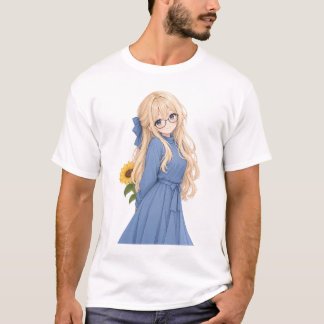 Cute Anime Girl with Glasses & Sunflower Design T-Shirt