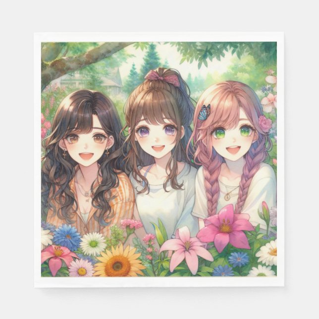 Cute Anime Girls Birthday Party Napkin (Front)