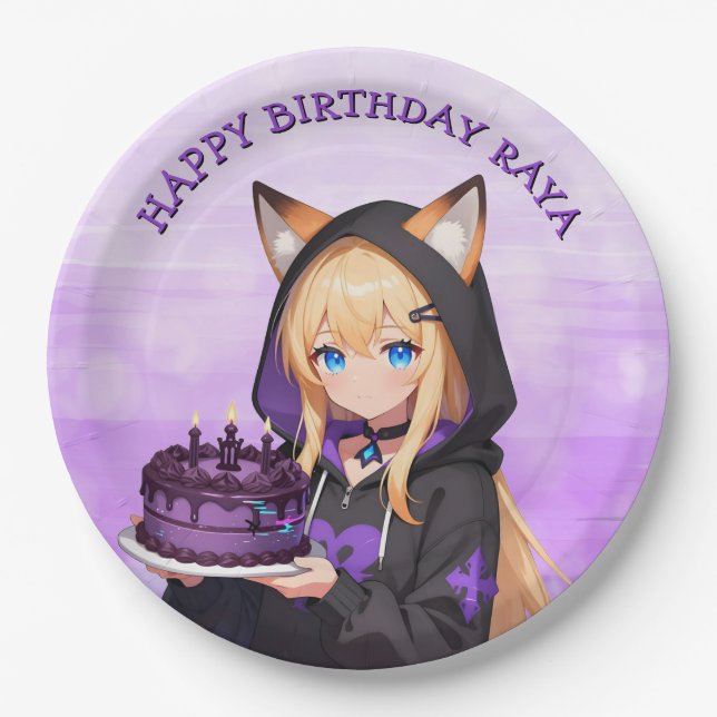 Cute Anime Girl's Birthday Party Paper Plate (Front)