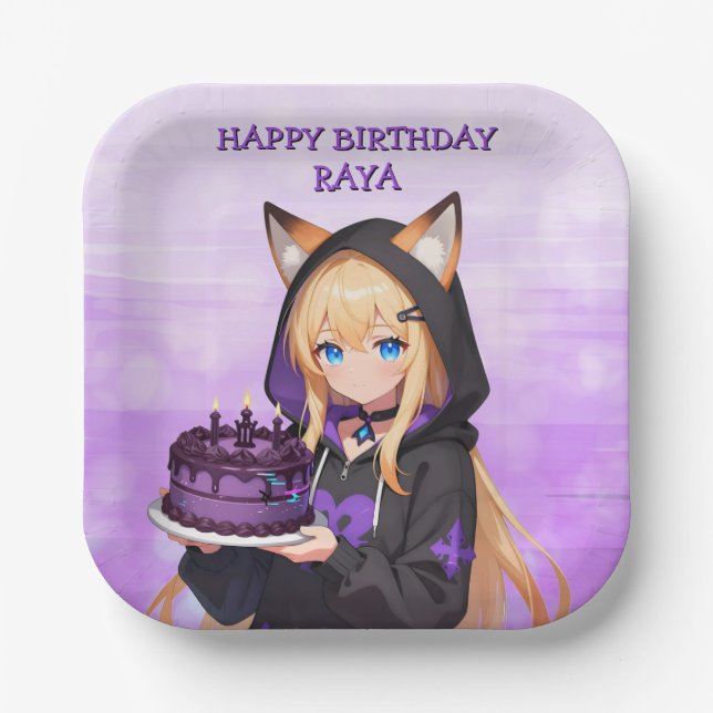Cute Anime Girl's Birthday Party Paper Plate (Front)