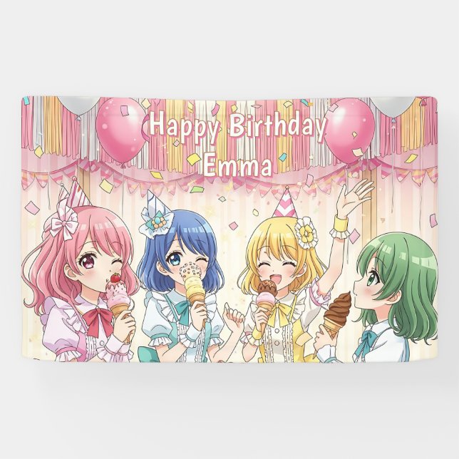 Cute Anime Girl's Ice Cream Birthday Party   Banner (Horizontal)