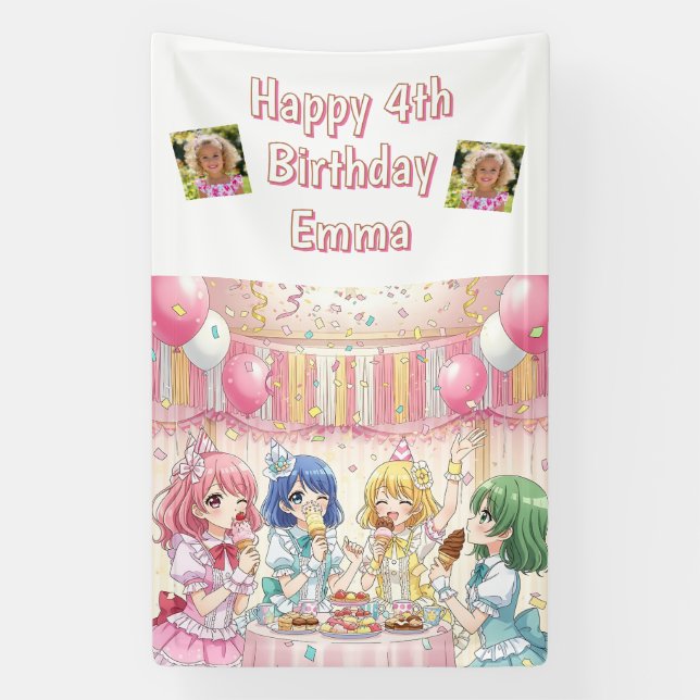 Cute Anime Girl's Ice Cream Birthday Party   Banner (Vertical)