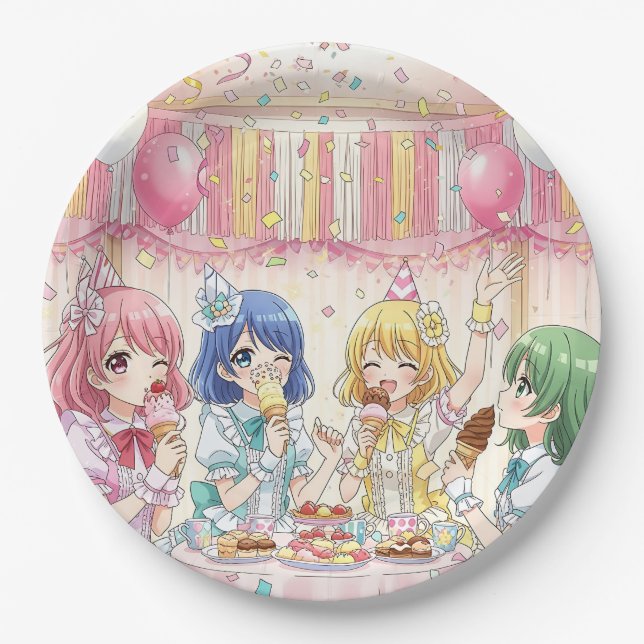 Cute Anime Girl's Ice Cream Birthday Party   Paper Plate (Front)