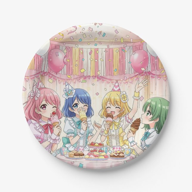 Cute Anime Girl's Ice Cream Birthday Party   Paper Plate (Front)