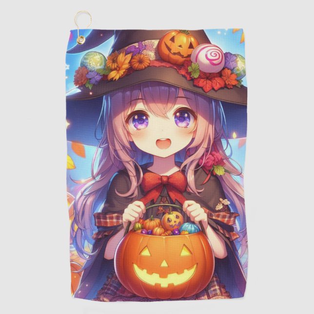 Cute Anime Halloween Witch Golf Towel (Front)