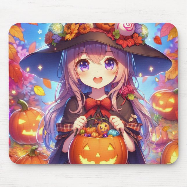 Cute Anime Halloween Witch Mouse Pad (Front)
