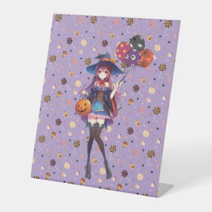 Cute Anime Halloween Witch Pedestal Sign
