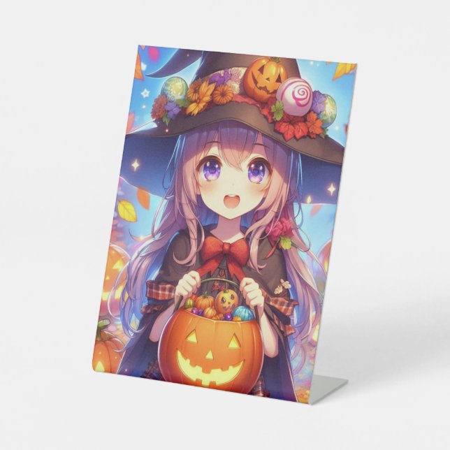 Cute Anime Halloween Witch Pedestal Sign (Front)