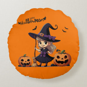 Cute, anime Halloween witch Round Cushion