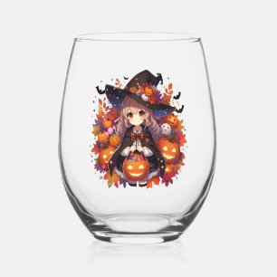 Cute, anime Halloween witch Stemless Wine Glass