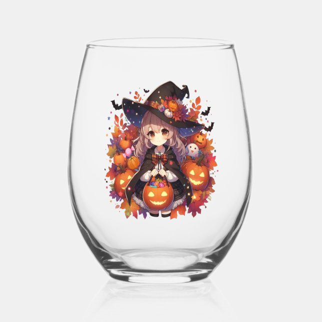 Cute, anime Halloween witch Stemless Wine Glass (Back)