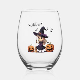 Cute, anime Halloween witch Stemless Wine Glass