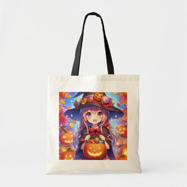 Cute Anime Halloween Witch Tote Bag (Front)
