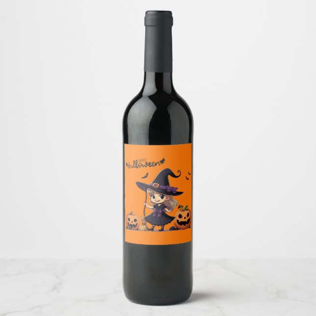 Cute, anime Halloween witch Wine Label (Front)