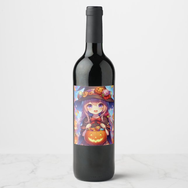 Cute Anime Halloween Witch Wine Label (Front)