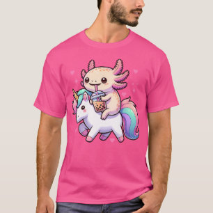 Cute Anime Kawaii Axolotl Riding A Unicorn And Dri T-Shirt