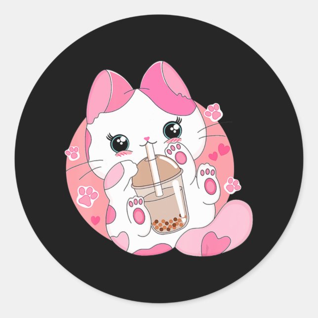 Cute Anime Kawaii Cat Boba Bubble Tea Girls Costum Classic Round Sticker (Front)